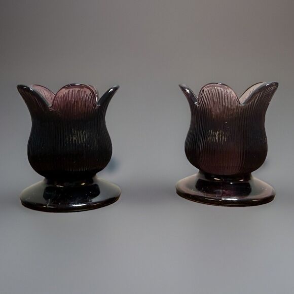 Unbranded Other - Vintage Footed Flower Bud Amethyst Glass Toothpick Holder Candle Holder Korea
